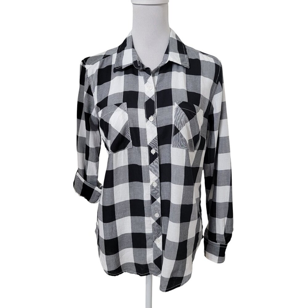 Faded Glory Size S (4-6) Black & White Plaid Long Sleeve Button Down Shirt NEW